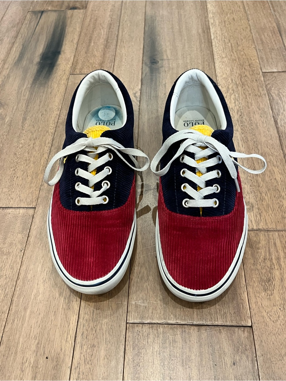 Polo by Ralph Lauren Red and Navy Corduroy Lace-Up Sneakers with Yellow Accents